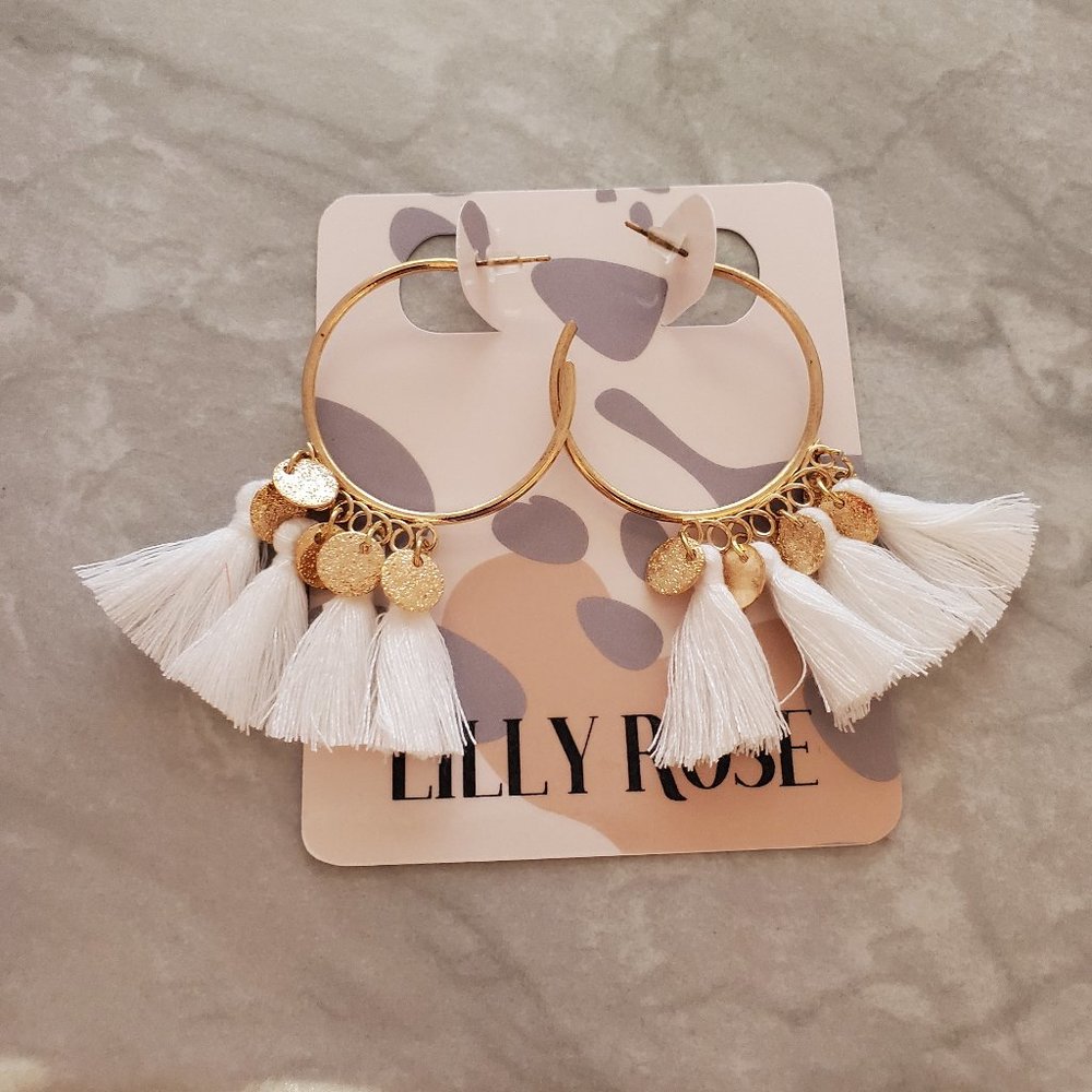 ✨ 3 for $25 White Gold Disks thread Mulit Tassel Hoop Drop Dangle Earrings ✨